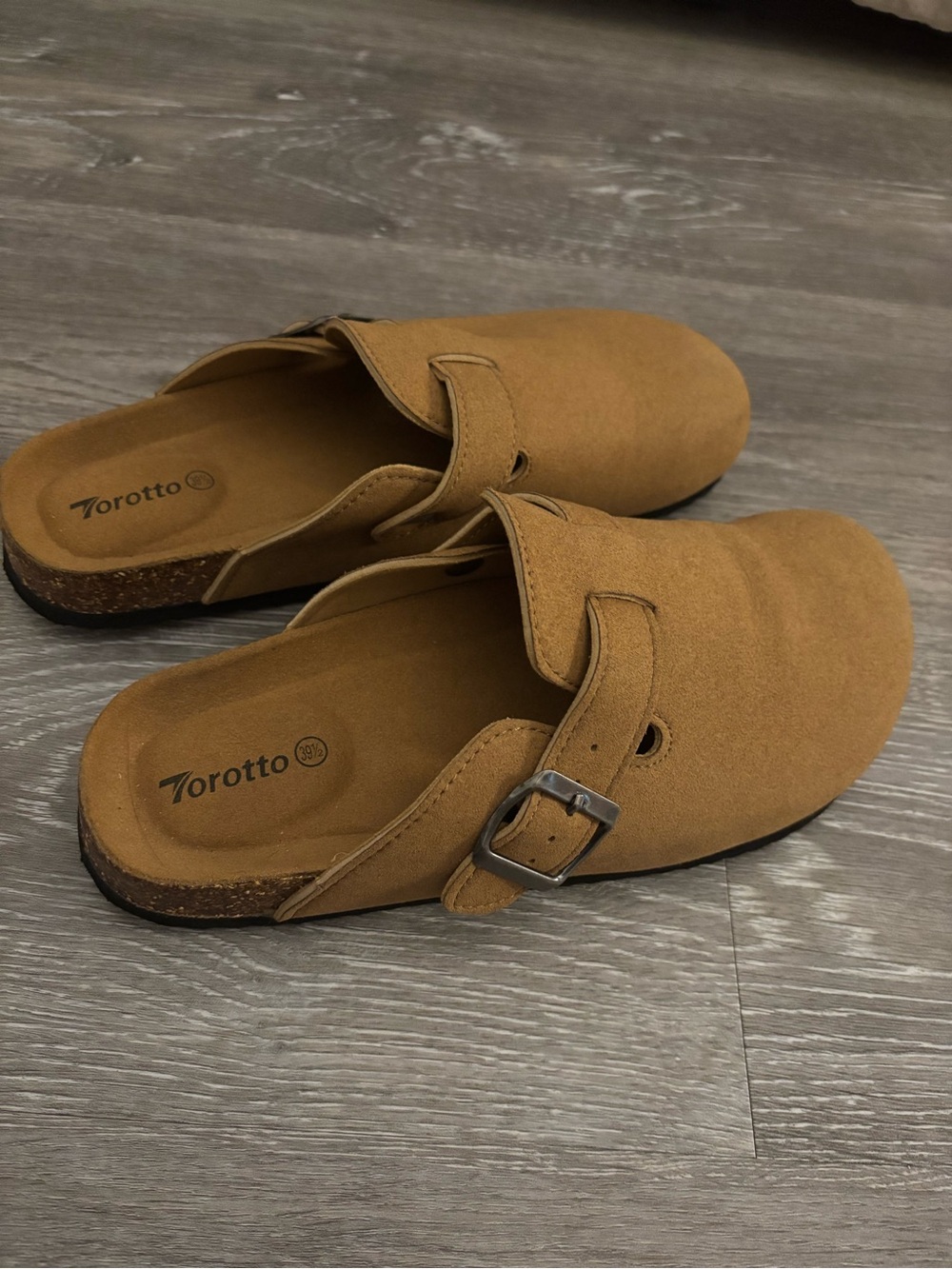 Women's Tan Suede Buckle Clog Mules